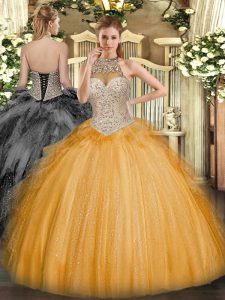 Tulle Halter Top Sleeveless Lace Up Beading and Ruffles Ball Gown Prom Dress in Orange