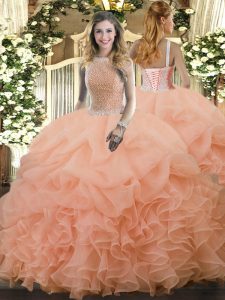 Attractive Peach Ball Gowns Organza High-neck Sleeveless Beading and Ruffles and Pick Ups Floor Length Lace Up Quinceanera Gown