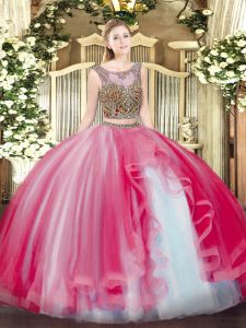 Nice Scoop Sleeveless Quinceanera Gown Floor Length Beading and Ruffles Coral Red Tulle