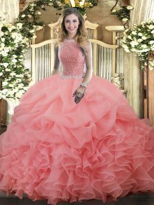 Watermelon Red Ball Gown Prom Dress Military Ball and Sweet 16 and Quinceanera with Beading and Ruffles and Pick Ups High-neck Sleeveless Lace Up