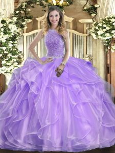 Lavender Sleeveless Floor Length Beading and Ruffles Lace Up 15 Quinceanera Dress