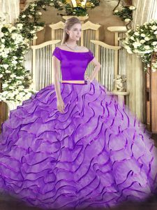 Fabulous Zipper 15 Quinceanera Dress Lavender for Military Ball and Sweet 16 and Quinceanera with Appliques and Ruffles Brush Train