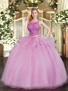 Floor Length Two Pieces Sleeveless Lilac Ball Gown Prom Dress Lace Up