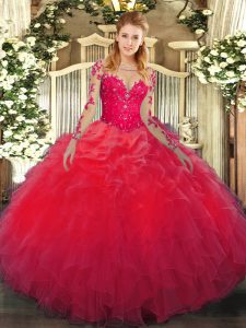 Red Scoop Neckline Lace and Ruffles Ball Gown Prom Dress Long Sleeves Lace Up