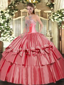 Sweetheart Sleeveless Ball Gown Prom Dress Floor Length Beading and Ruffled Layers Coral Red Organza and Taffeta