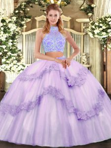 Floor Length Lace Up Quinceanera Dress Lavender for Military Ball and Sweet 16 and Quinceanera with Beading and Appliques and Ruffles