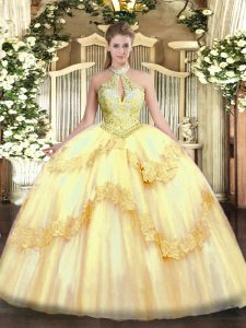 Best Selling Gold Tulle Lace Up 15 Quinceanera Dress Sleeveless Floor Length Appliques and Sequins