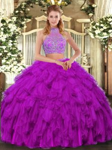 Beauteous Fuchsia Sleeveless Organza Criss Cross 15 Quinceanera Dress for Military Ball and Sweet 16 and Quinceanera