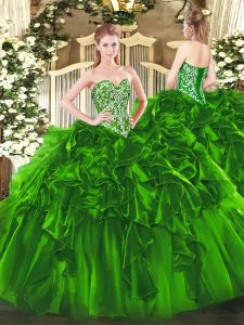 Green Sleeveless Organza Lace Up Sweet 16 Quinceanera Dress for Military Ball and Sweet 16 and Quinceanera