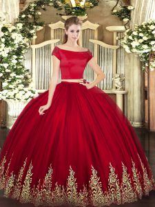 Floor Length Wine Red Sweet 16 Quinceanera Dress Off The Shoulder Short Sleeves Zipper