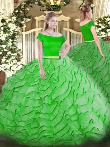 Stylish 15th Birthday Dress Military Ball and Sweet 16 and Quinceanera with Ruffles Off The Shoulder Short Sleeves Brush Train Zipper