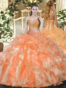 Orange Red Sleeveless Beading and Ruffles Floor Length 15th Birthday Dress