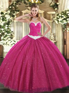 Floor Length Hot Pink 15 Quinceanera Dress Tulle Sleeveless Appliques