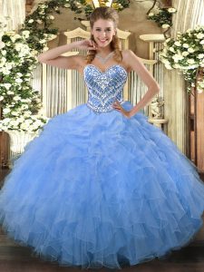 Amazing Aqua Blue Side Zipper Quinceanera Dresses Beading and Ruffles Sleeveless Floor Length
