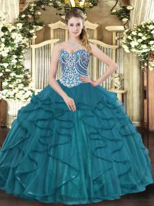 Floor Length Lace Up Ball Gown Prom Dress Teal for Military Ball and Sweet 16 and Quinceanera with Beading and Ruffles