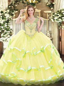 Noble Sleeveless Organza Floor Length Lace Up Quinceanera Gown in Yellow with Beading and Ruffled Layers