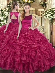 Fuchsia Sleeveless Organza Lace Up Sweet 16 Dress for Military Ball and Sweet 16 and Quinceanera