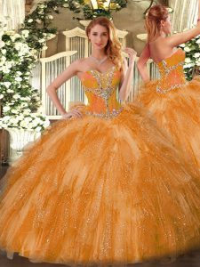 New Style Orange Sleeveless Beading and Ruffles Quince Ball Gowns