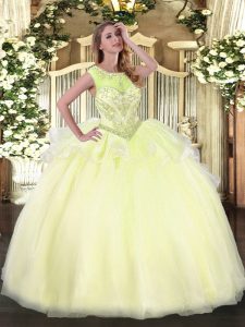 Light Yellow Ball Gowns Beading Vestidos de Quinceanera Lace Up Organza Sleeveless Floor Length