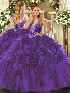 Dramatic Purple Sleeveless Organza Lace Up Sweet 16 Dresses for Military Ball and Sweet 16 and Quinceanera