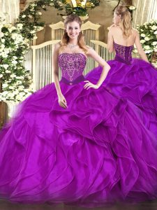 Designer Beading and Ruffles Sweet 16 Dress Purple Lace Up Sleeveless Floor Length