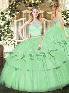 Dazzling Apple Green Sweet 16 Quinceanera Dress Military Ball and Sweet 16 and Quinceanera with Lace and Ruffled Layers Scoop Sleeveless Zipper
