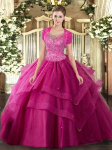 Popular Hot Pink Clasp Handle Scoop Beading and Ruffles Ball Gown Prom Dress Tulle Sleeveless