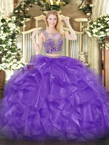 Two Pieces Quince Ball Gowns Eggplant Purple Scoop Organza Sleeveless Floor Length Lace Up