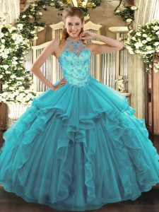 Affordable Teal Lace Up Halter Top Beading and Embroidery and Ruffles Ball Gown Prom Dress Organza Sleeveless