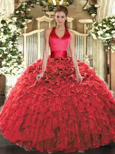 Red Sleeveless Organza Lace Up Ball Gown Prom Dress for Military Ball and Sweet 16 and Quinceanera