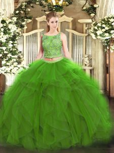 Scoop Sleeveless Lace Up Ball Gown Prom Dress Green Tulle