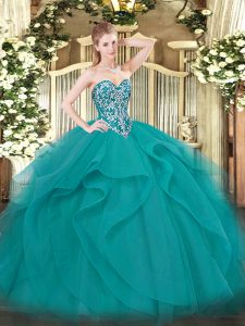 Beading and Ruffles Quinceanera Gowns Teal Lace Up Sleeveless Floor Length