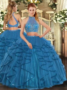 Glamorous Column/Sheath Quinceanera Dresses Teal Halter Top Tulle Sleeveless Floor Length Criss Cross