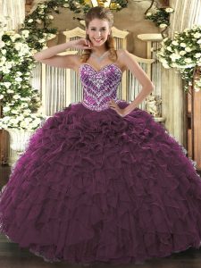 High Class Floor Length Lace Up Sweet 16 Dresses Burgundy for Military Ball and Sweet 16 and Quinceanera with Beading and Ruffled Layers