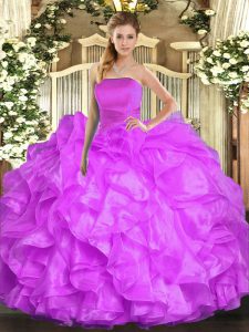 Custom Fit Lilac Organza Lace Up Strapless Sleeveless Floor Length Quinceanera Dress Ruffles