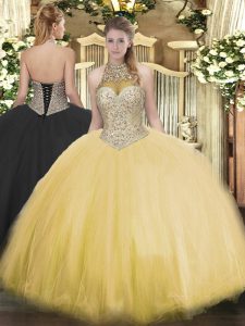 Flirting Beading Ball Gown Prom Dress Gold Lace Up Sleeveless Floor Length