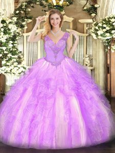 Glittering Lilac Ball Gowns V-neck Sleeveless Organza Floor Length Lace Up Beading and Ruffles Ball Gown Prom Dress