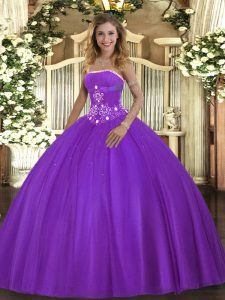 Sweet Purple Vestidos de Quinceanera Military Ball and Sweet 16 and Quinceanera with Beading Strapless Sleeveless Lace Up