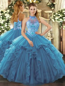 Teal Sleeveless Floor Length Beading and Ruffles Lace Up Sweet 16 Dress
