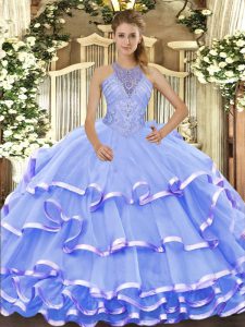 On Sale Floor Length Blue Sweet 16 Dress Halter Top Sleeveless Lace Up