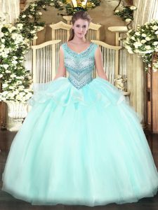 Eye-catching Aqua Blue Ball Gowns Beading Quinceanera Dress Lace Up Organza Sleeveless Floor Length
