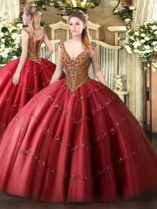 Nice Floor Length Lace Up Quinceanera Dresses Red for Military Ball and Sweet 16 and Quinceanera with Beading and Appliques