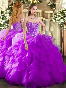 Purple Organza Lace Up Ball Gown Prom Dress Sleeveless Floor Length Embroidery and Ruffles