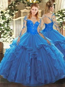 Best Scoop Long Sleeves Quinceanera Dresses Floor Length Lace and Ruffles Blue Tulle