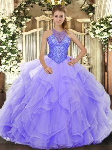 Floor Length Ball Gowns Sleeveless Lavender Quinceanera Gown Lace Up