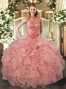 Floor Length Peach Ball Gown Prom Dress Organza Sleeveless Beading and Embroidery and Ruffles