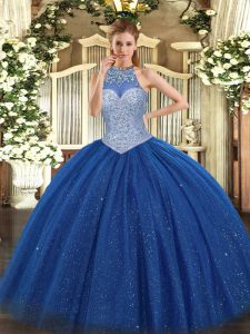 Sleeveless Floor Length Beading Lace Up Quinceanera Gown with Royal Blue