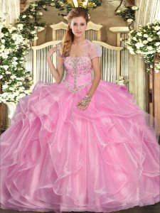Cheap Rose Pink Strapless Lace Up Appliques and Ruffles Sweet 16 Dresses Sleeveless