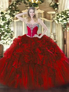 Wine Red Organza Lace Up Ball Gown Prom Dress Sleeveless Floor Length Beading and Ruffles