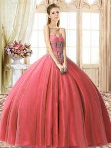 Coral Red Lace Up Vestidos de Quinceanera Beading Sleeveless Floor Length